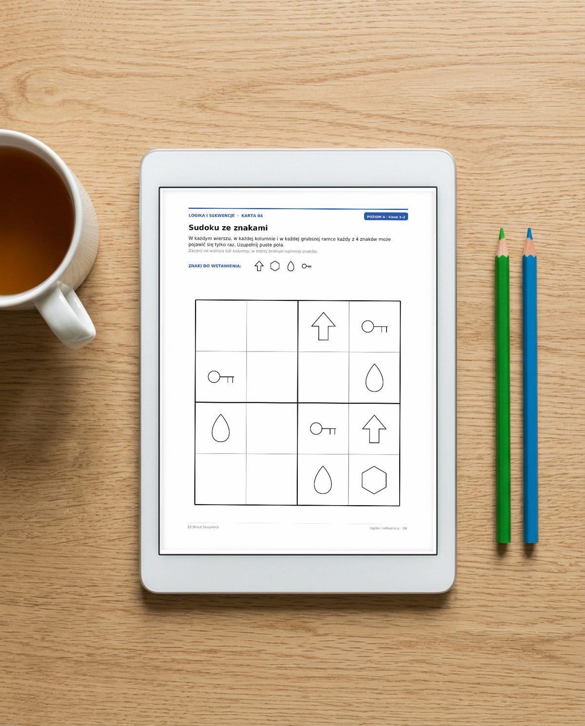 Karta z sudoku ze znakami otwarta na tablecie, plik PDF dostępny od razu po zakupie