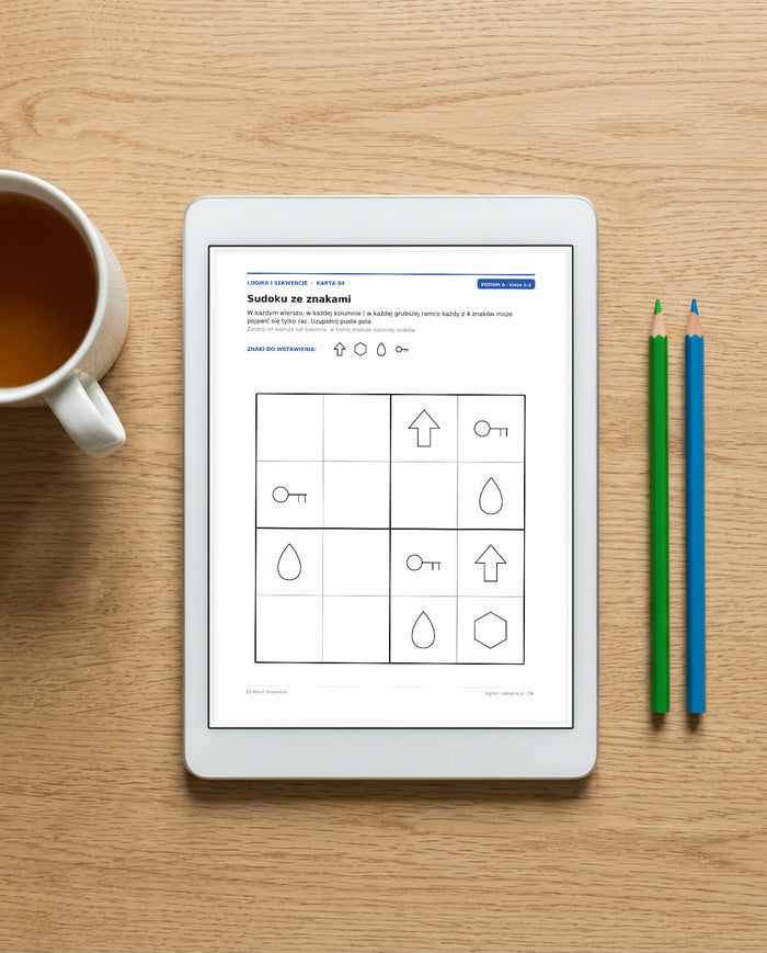 Karta z sudoku ze znakami otwarta na tablecie, plik PDF dostępny od razu po zakupie